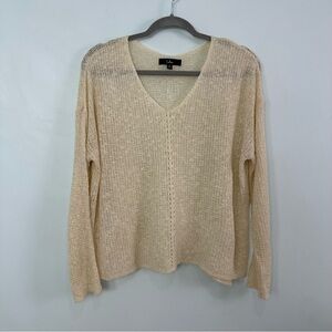 Lulu's Size Medium Cream V-Neck Sweater with Textured Loose Knit and Side Slit